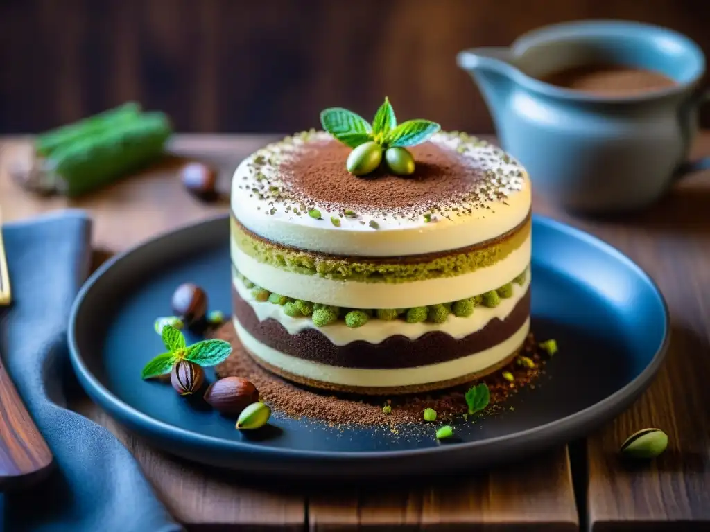 Un exquisito postre italiano con twist inesperado, Tiramisú adornado con pistachos y menta