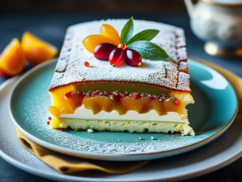 Un exquisito postre siciliano, Cassata Siciliana, con capas de bizcocho, ricotta, frutas confitadas y mazapán