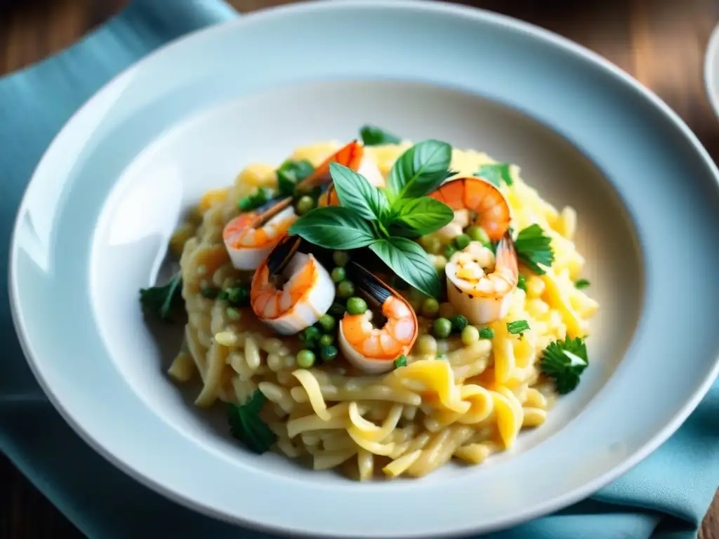 Un exquisito risotto con influencia española, decorado con mariscos y azafrán, queso parmesano y perejil fresco