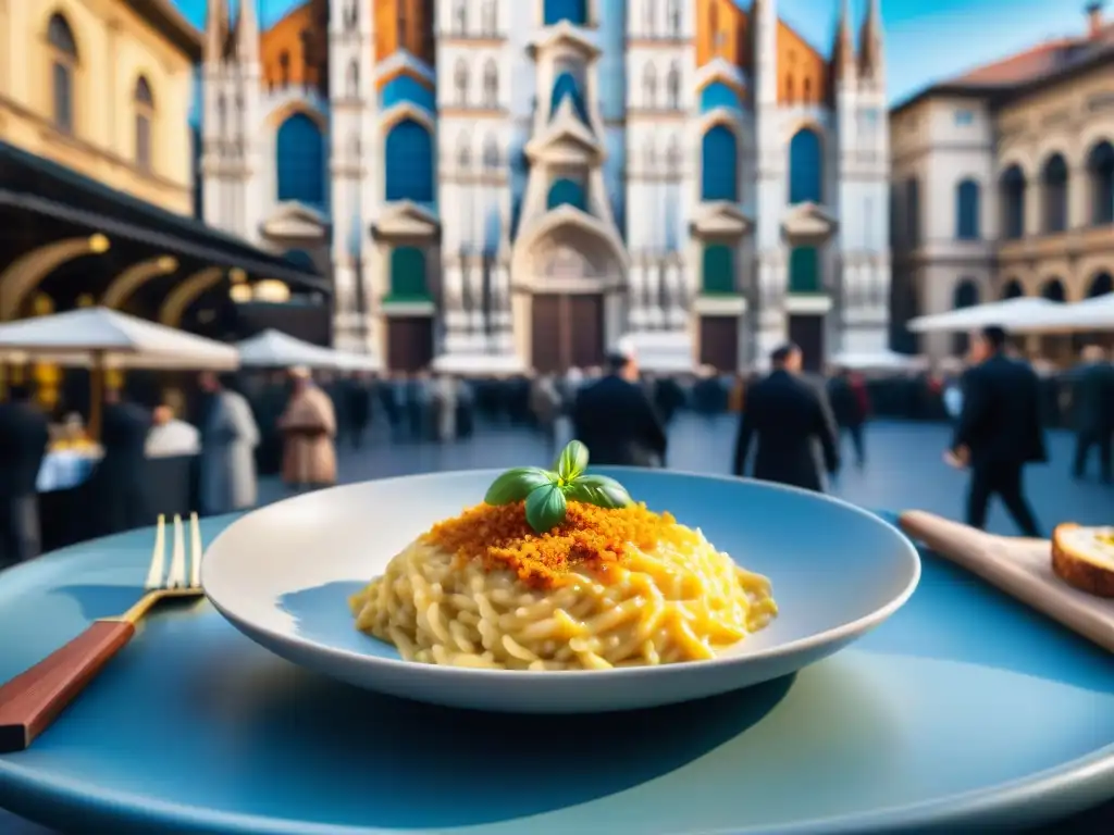 Un exquisito Risotto alla Milanese en un plato de cerámica italiano en un mercado de Milán con el Duomo al fondo