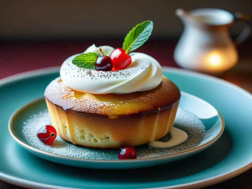 Un exquisito babà al ron napolitano recién horneado, con crema batida, cereza roja y menta, en un entorno de cocina vintage