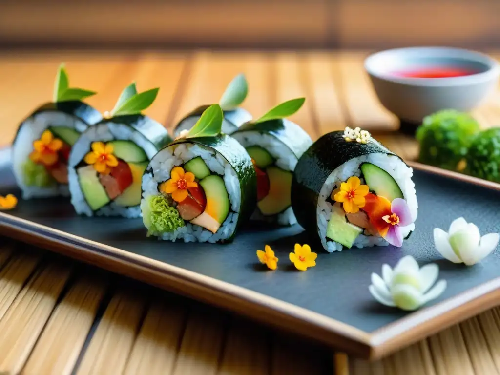 Exquisito sushi de atún y aguacate con flores comestibles y salsa de yuzu, en plato negro, listo para maridar con vinos italianos