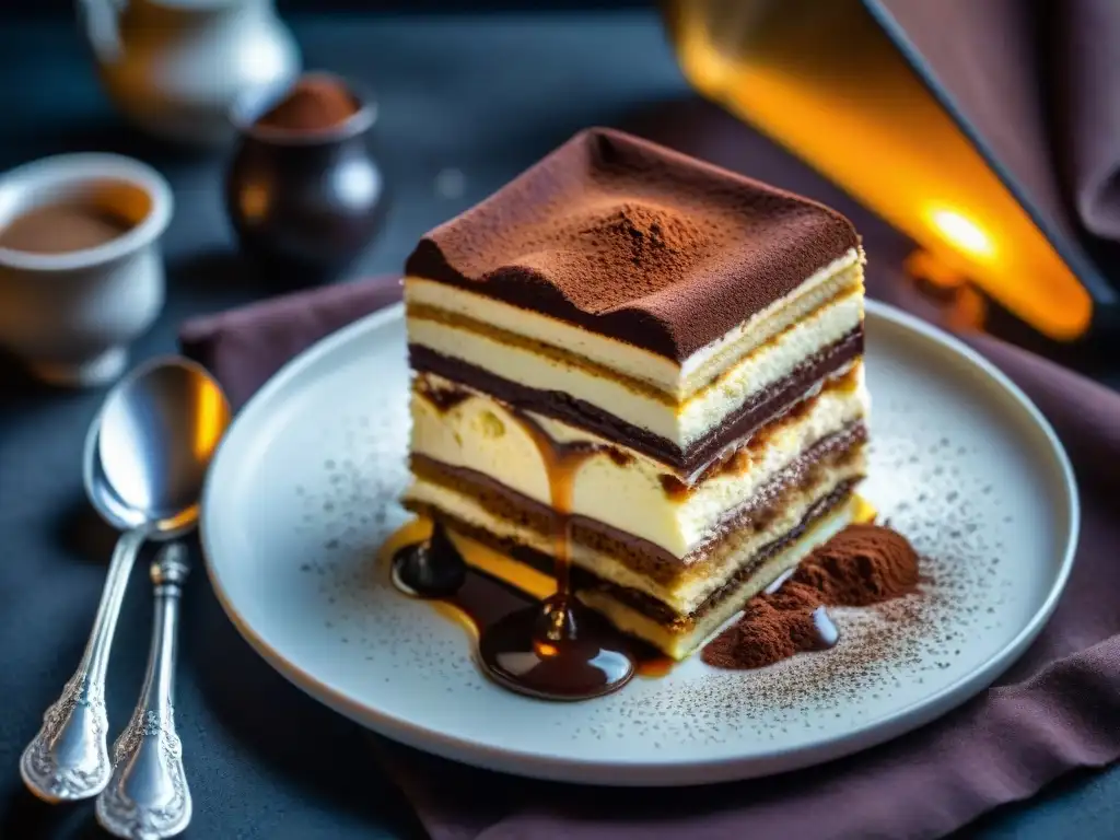 Exquisito tiramisú con capas de mascarpone, bizcochos de café y cacao, en plato blanco y cuchara de plata