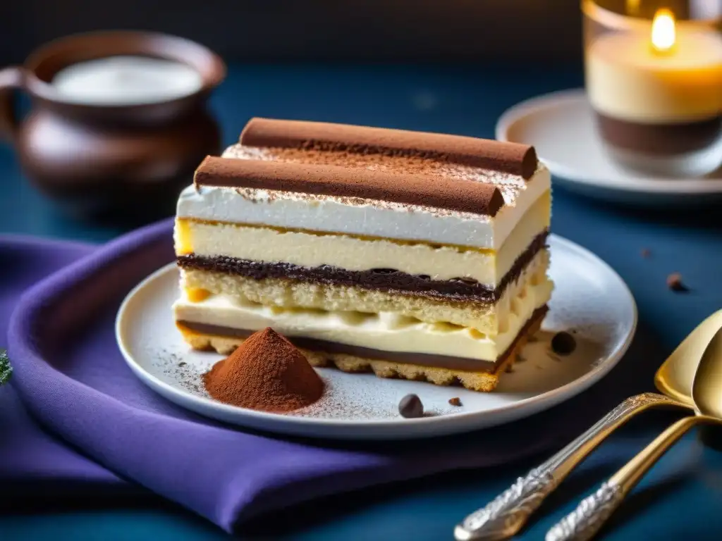 Un exquisito tiramisú con capas de bizcochos de café, mascarpone y cacao