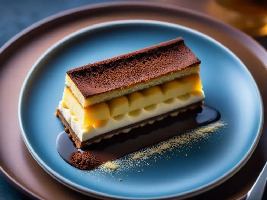 Un exquisito Tiramisú contemporáneo presentado con elegancia en un plato moderno, resaltando las tendencias en cocina italiana postres modernos