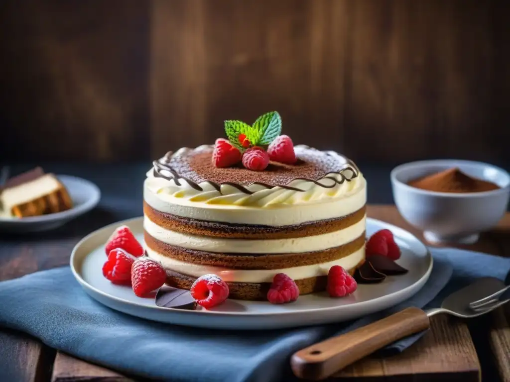 Exquisito tiramisú decorado con frambuesas, menta y virutas de chocolate, en plato blanco sobre fondo rústico