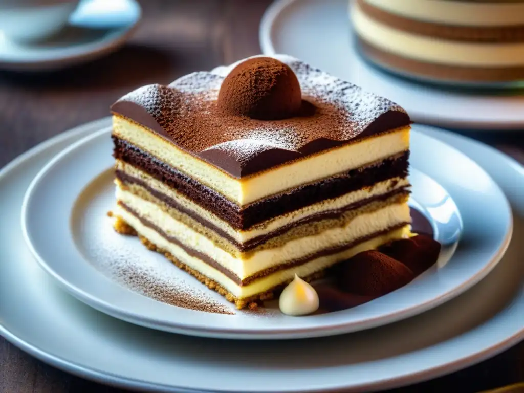 Un exquisito Tiramisú italiano decorado con cacao, mostrando sus capas y sabores