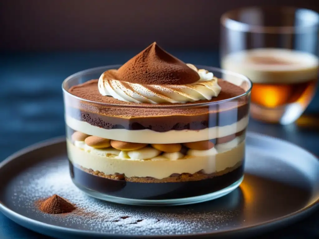 Un exquisito tiramisú italiano, innovador postre presentado en cristal, resaltando capas de bizcochos, crema y cacao