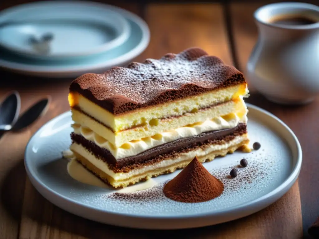 Un exquisito tiramisú italiano en plato rústico, resaltando capas de bizcochos de café, mascarpone y cacao