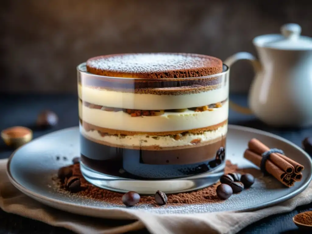 Exquisito tiramisú italiano con toque étnico, decorado con cacao y servido en tazas de espresso vintage