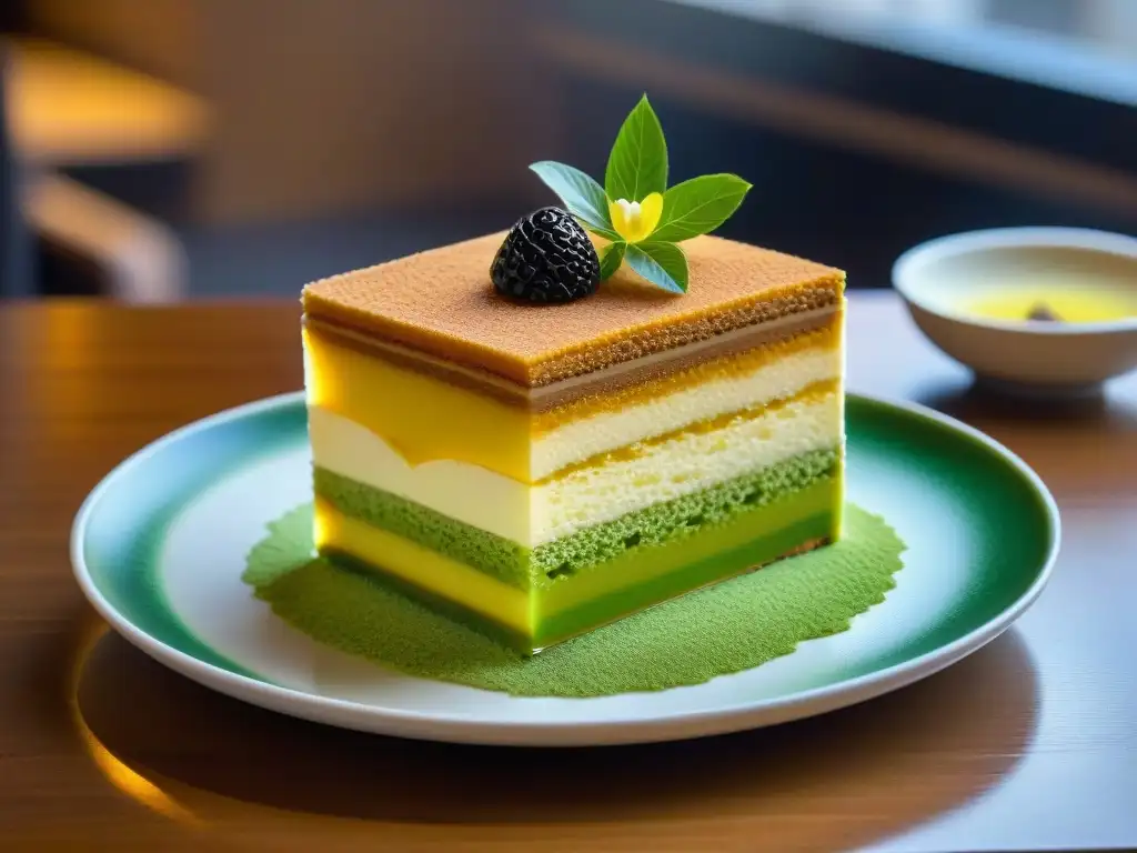 Un exquisito Tiramisú japonés adaptado en Tokio, fusionando lo mejor de la repostería italiana y japonesa en una imagen detallada y elegante