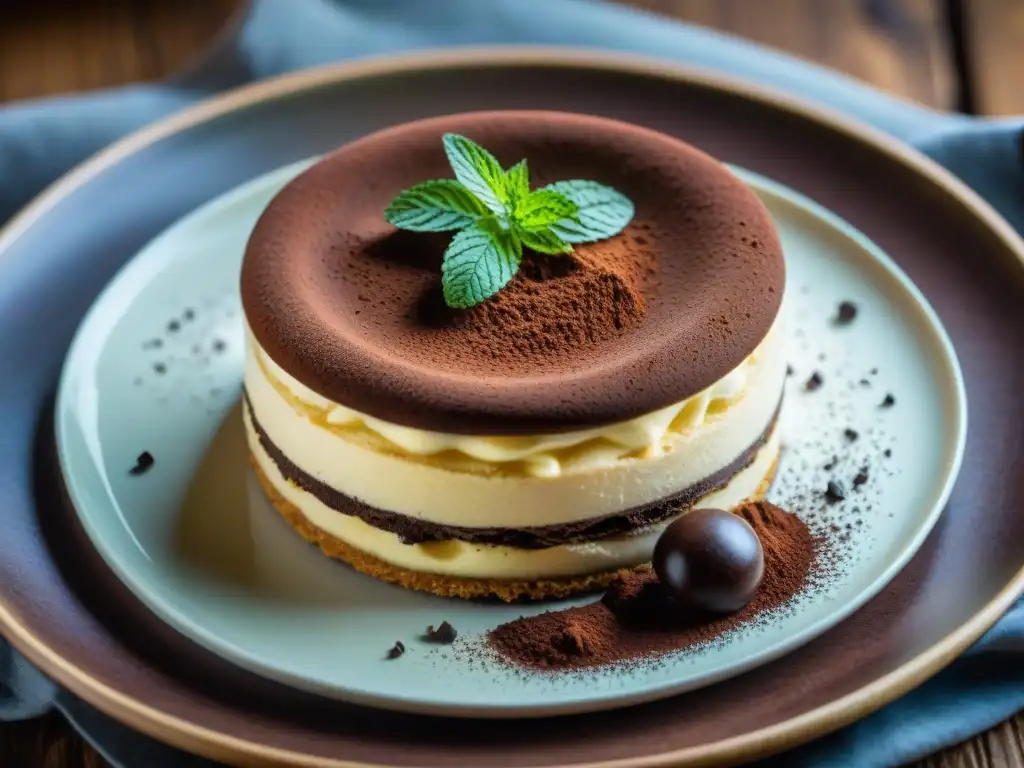 Un exquisito Tiramisú en un plato de porcelana vintage italiano, decorado con cacao y hojas de menta fresca