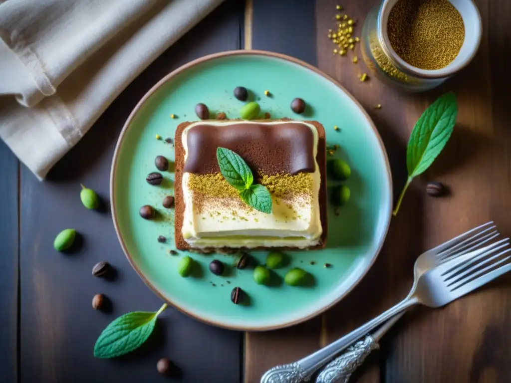 Un exquisito tiramisú con twist inesperado, en plato italiano vintage sobre mesa rústica