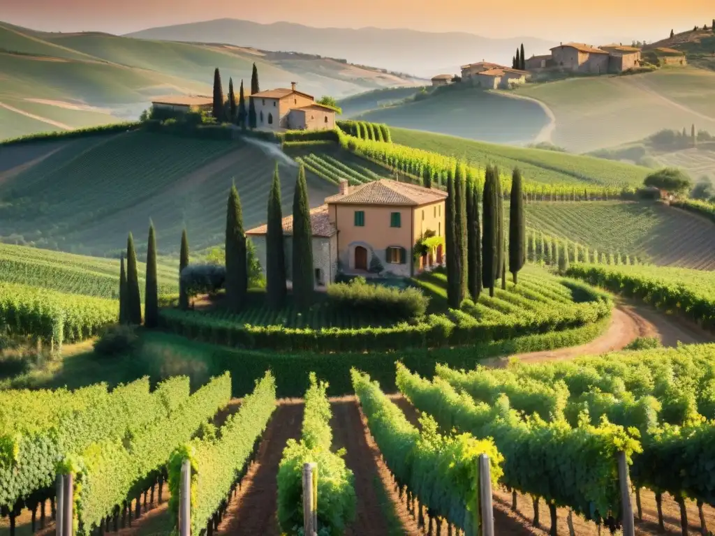 Un exquisito viñedo en la Toscana, Italia, con uvas moradas nítidas y una villa italiana al fondo