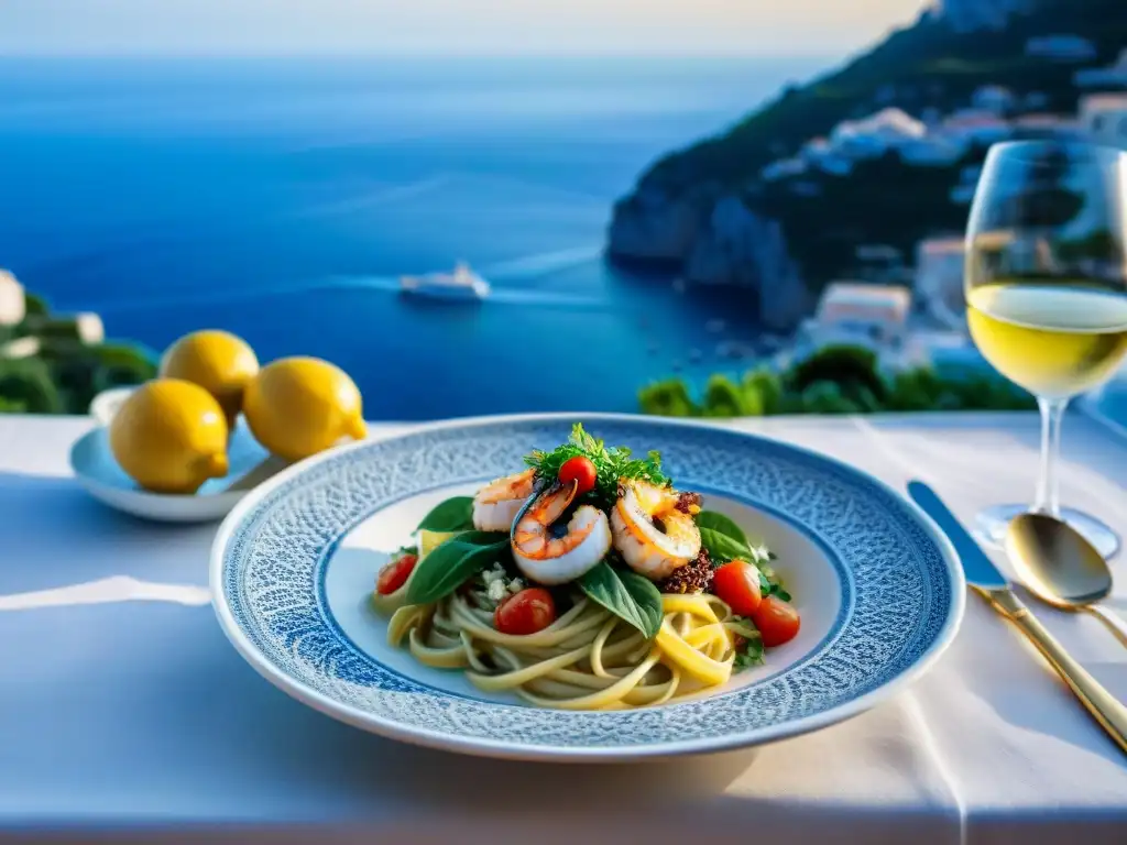 Exquisitos platos típicos de la cocina italiana Capri en mesa frente al mar Mediterráneo al atardecer