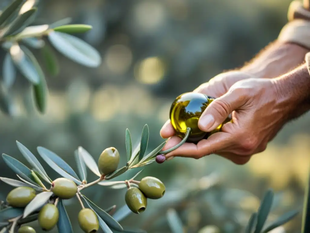 Extracción cuidadosa de aceite de oliva premium de una aceituna madura, resaltando calidad y certificaciones aceite oliva premium