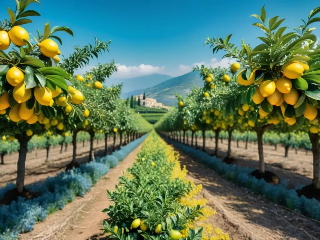 Un exuberante campo de limoneros en el pintoresco Sur de Italia, con filas de árboles cargados de frutas amarillas