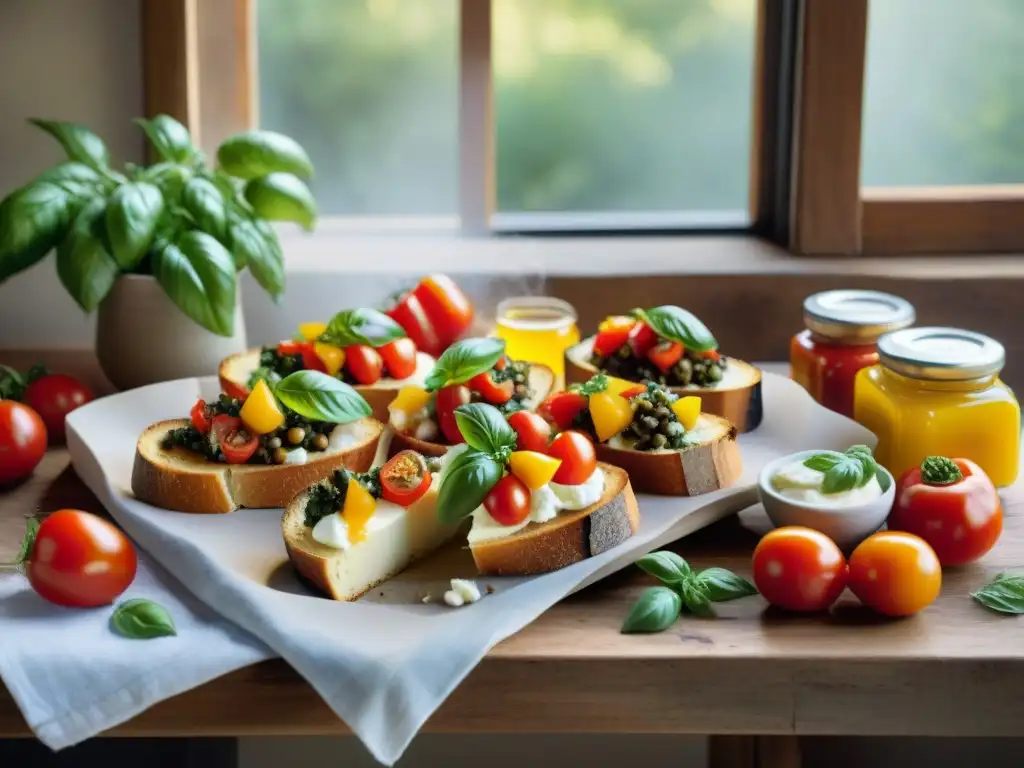 Una exuberante composición de toppings vegetarianos para bruschettas, con ingredientes frescos y coloridos sobre una rústica mesa de madera