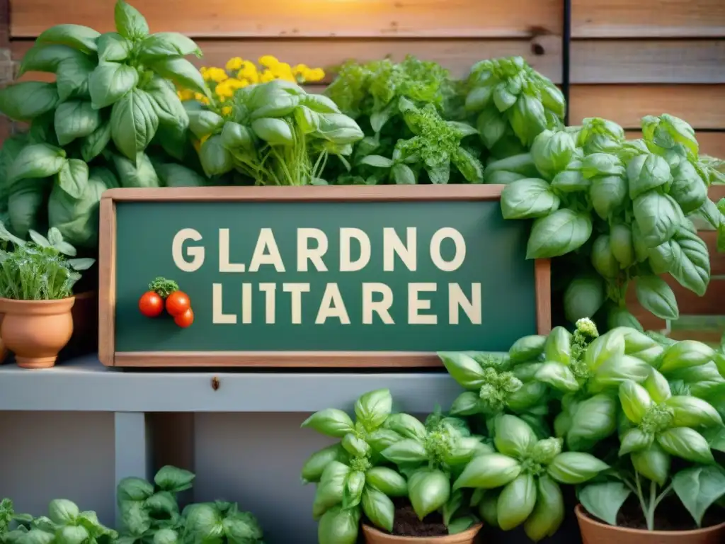 Un exuberante huerto urbano con hierbas y verduras italianas bañadas por el sol de la tarde