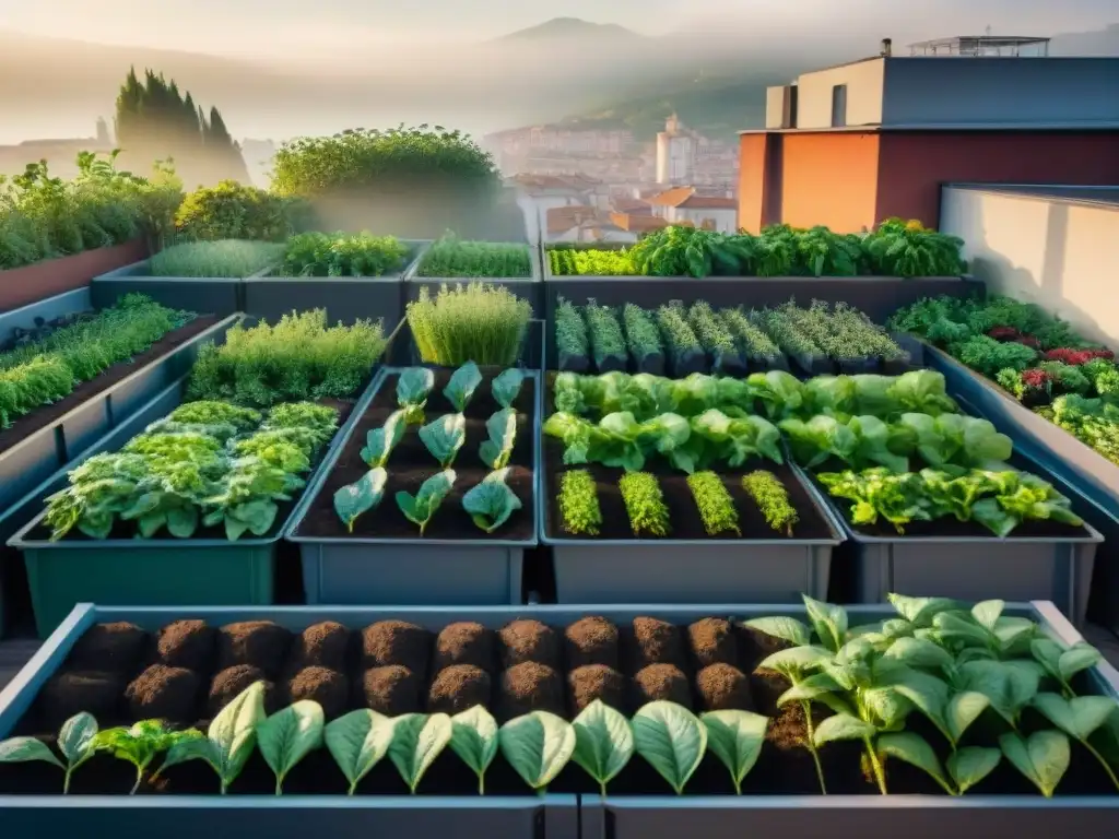 Un exuberante huerto urbano italiano en plena actividad, destacando la relación simbiótica entre compostaje y crecimiento de plantas