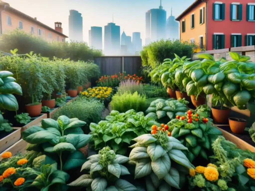 Un exuberante huerto urbano italiano cuidados bajo el sol veraniego, lleno de vida y colores vibrantes