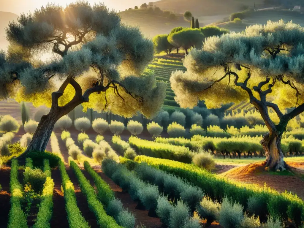 Un exuberante olivar italiano al atardecer, conjugando tradición y tranquilidad en la producción de DOP en aceites de oliva italianos