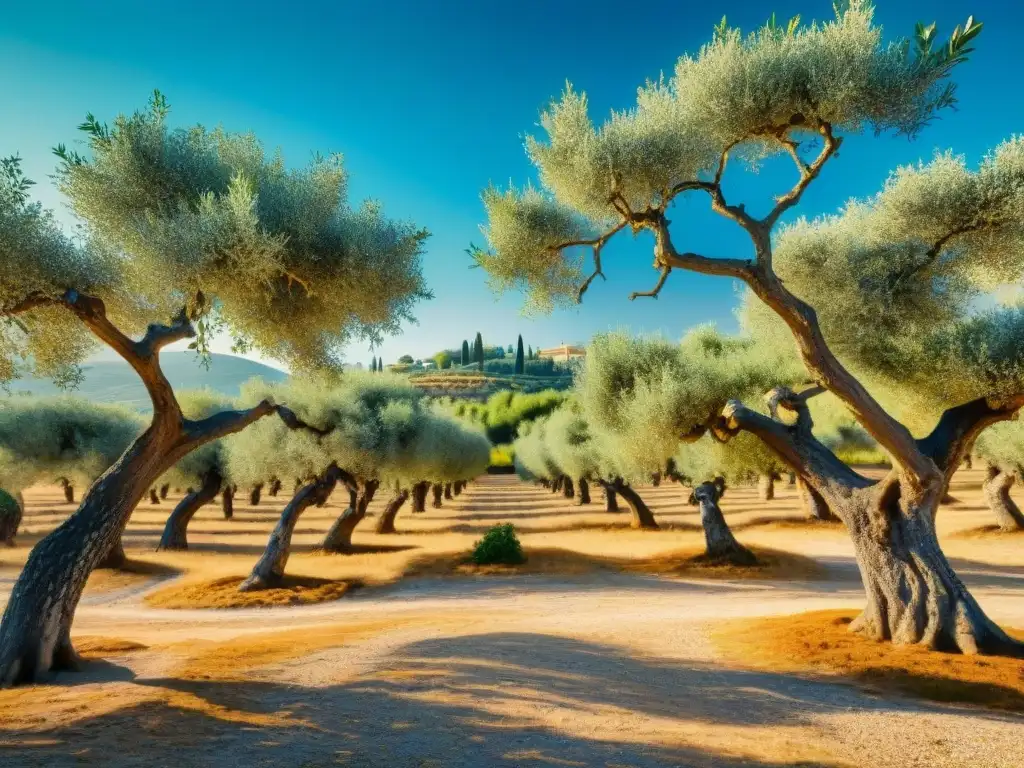 Un exuberante olivar bajo el sol mediterráneo, con olivos antiguos cargados de aceitunas