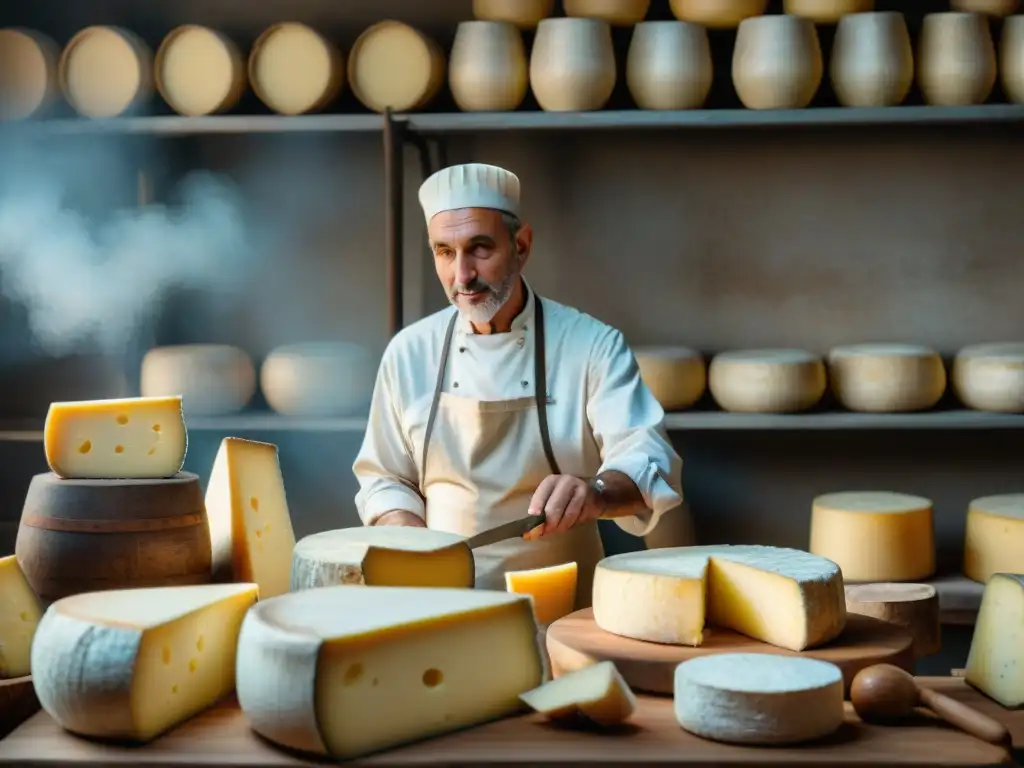 Una fábrica de quesos italiana familiar en las colinas de la Toscana, con artesanos transmitiendo su legado a aprendices