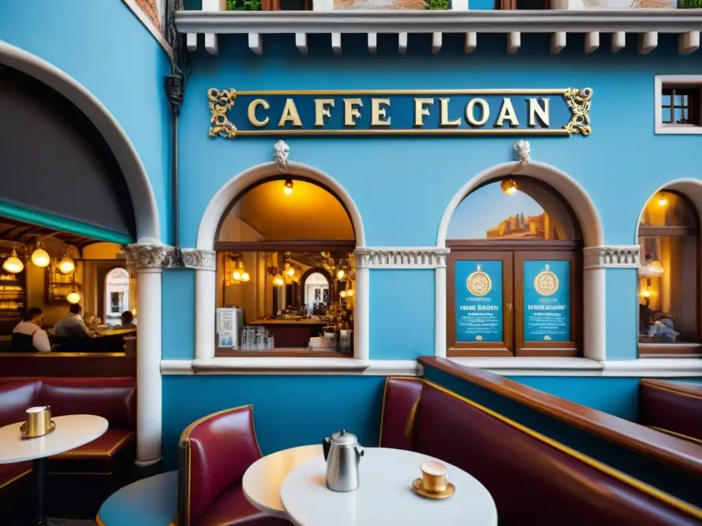 Café Florian en Venecia: fachada dorada, turistas y góndolas en el Gran Canal