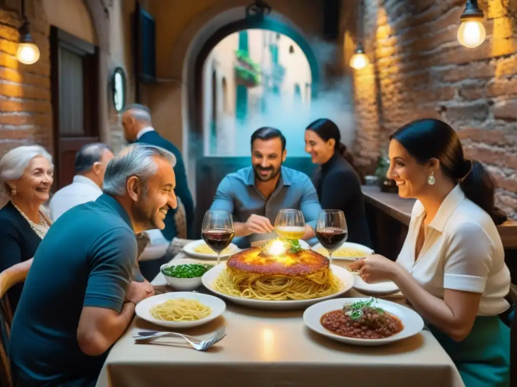 Una familia extensa comparte pasta en animada trattoria italiana en Roma