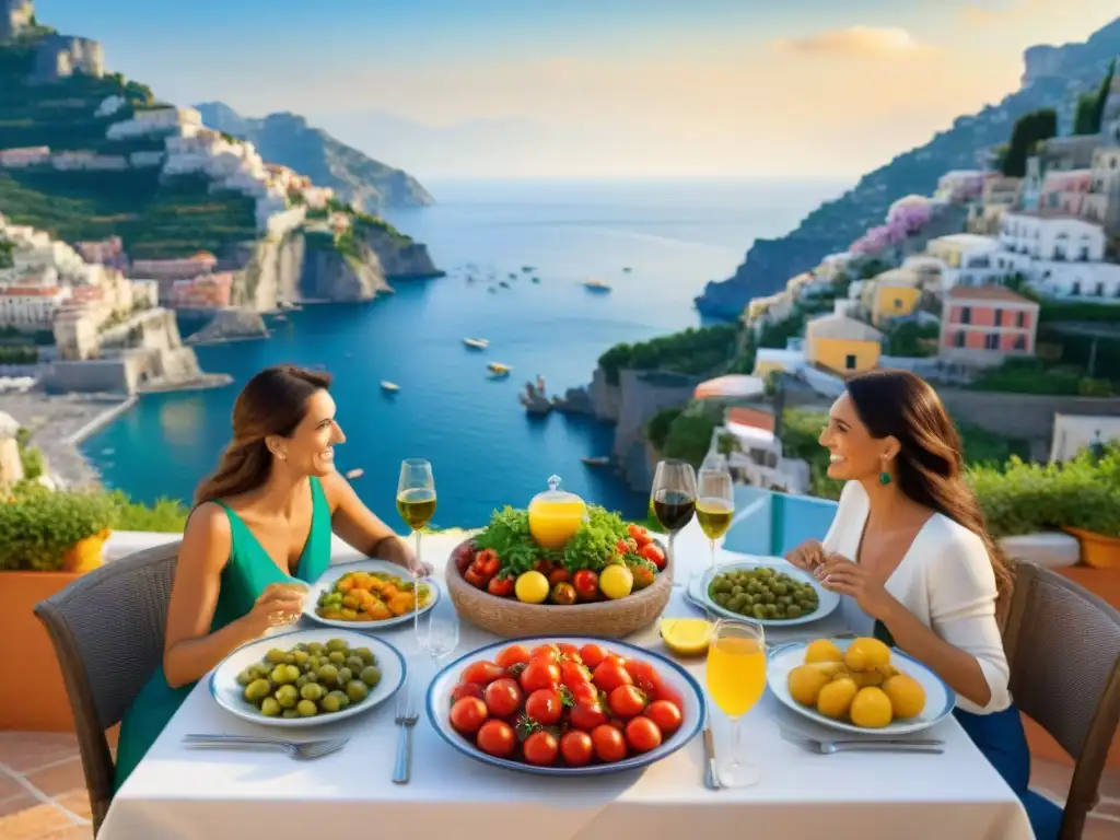 Una familia italiana disfruta de una cena mediterránea en la costa de Amalfi, representando la esencia de la Dieta mediterránea en Italia