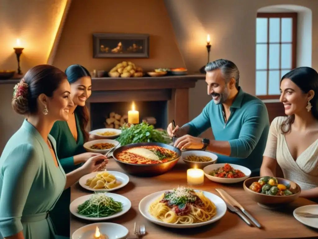 Una familia italiana disfruta de una cena tradicional alrededor de una mesa iluminada por velas, con música de mandolina