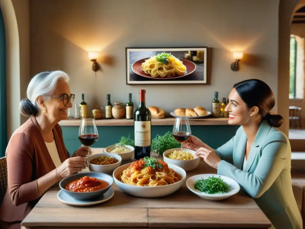 Una familia italiana disfruta de una cena tradicional en un ambiente acogedor y animado, capturando la estética comida italiana en cine