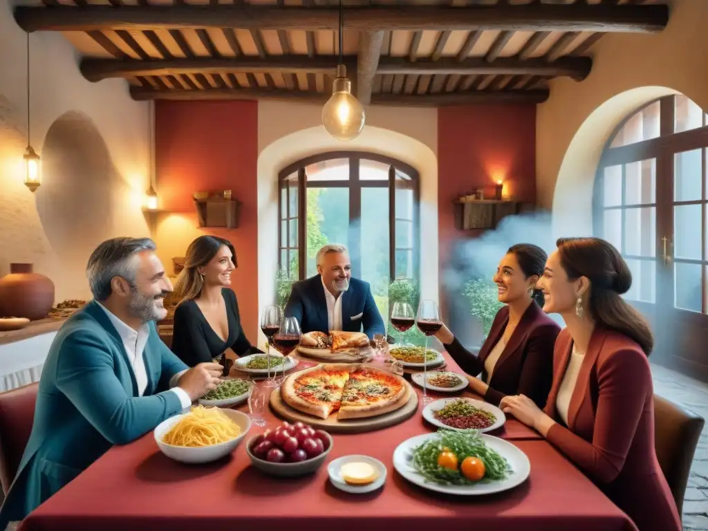 Una familia italiana disfruta de una cena tradicional en una cocina acogedora llena de platos deliciosos