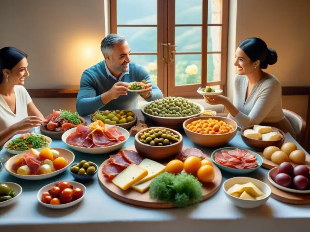 Una familia italiana disfruta de antipasti en la cocina, compartiendo alegría y tradición culinaria