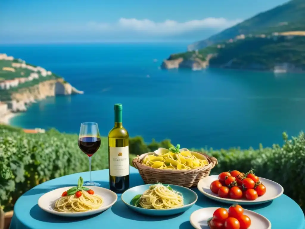 Una familia italiana disfruta de una colorida comida mediterránea al aire libre con vista al mar