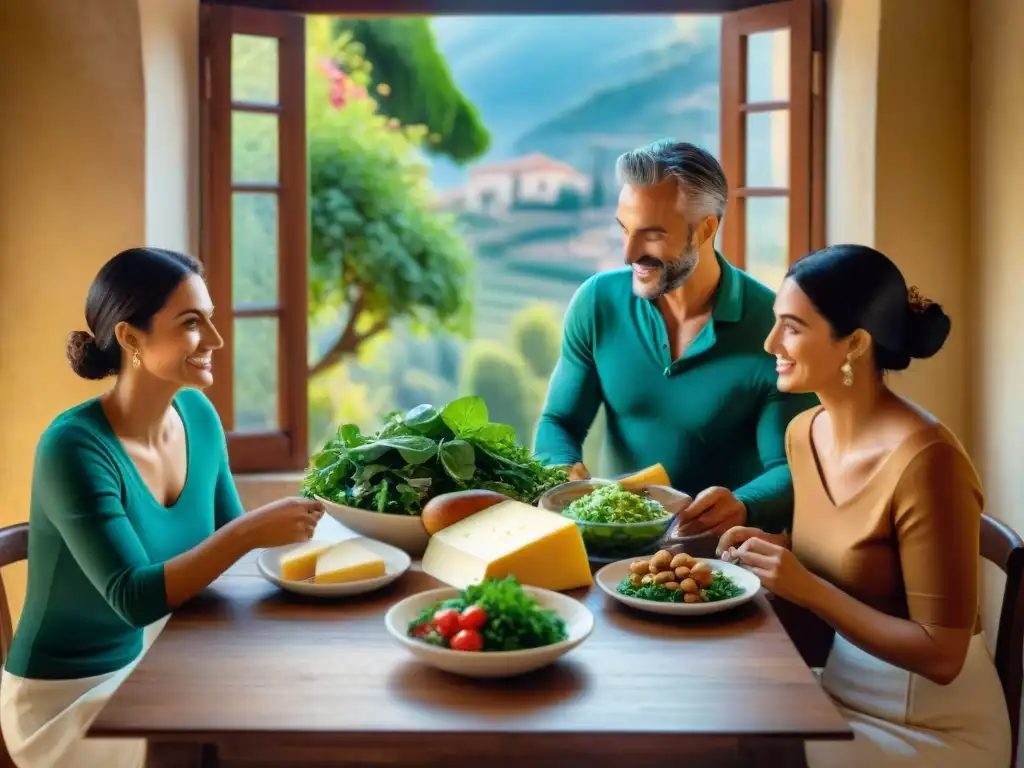 Una familia italiana disfrutando de una comida mediterránea en una mesa rústica, capturando la esencia de la Dieta italiana rica en calcio