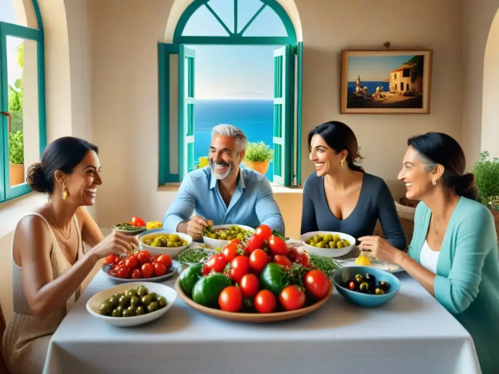 Diversión en familia con dieta mediterránea Una familia italiana disfruta de una comida mediterránea con ingredientes clave dieta mediterránea, en un ambiente cálido y vibrante