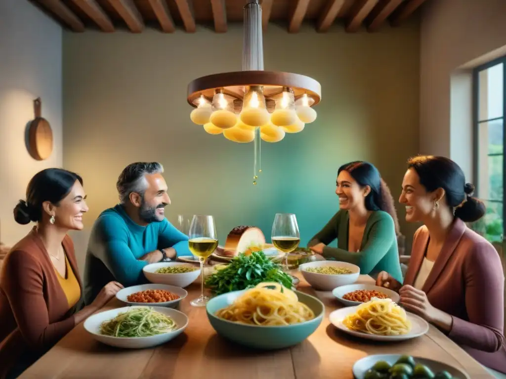 Una familia italiana disfruta de una comida alrededor de una mesa de madera con platos tradicionales en una cálida atmósfera de cocina italiana