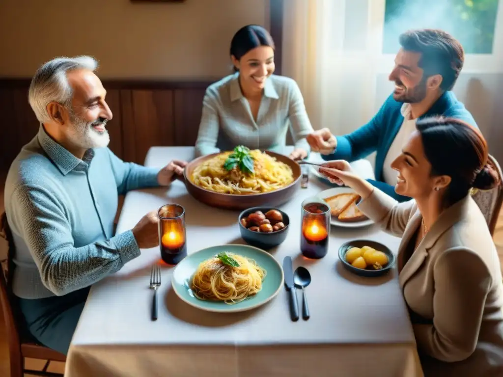 Una familia italiana disfrutando de una comida tradicional juntos, mostrando los beneficios de comer en familia