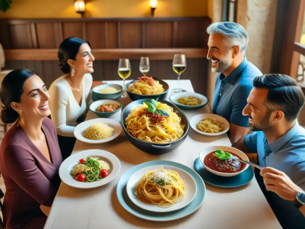 Una familia italiana disfruta de una comida tradicional en un restaurante de campo, resaltando los beneficios de comer en familia