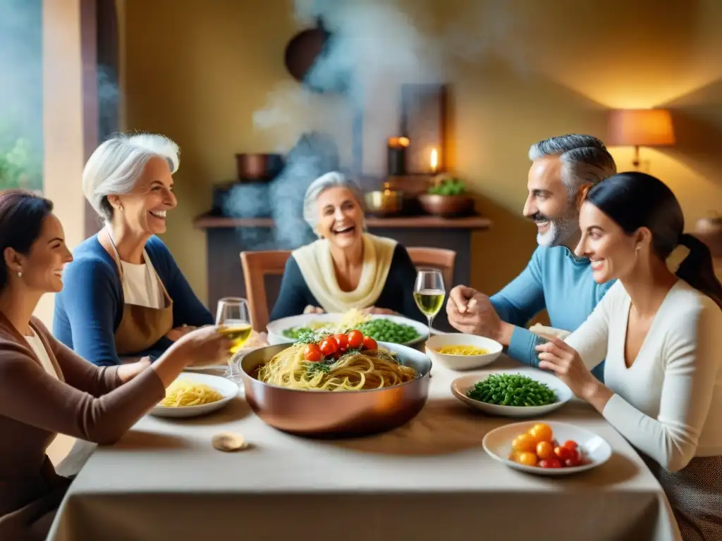 Una familia italiana disfruta de una comida tradicional en un ambiente cálido y acogedor