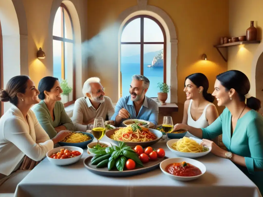 Una familia italiana disfruta de una comida mediterránea tradicional con pasta fresca, aceite de oliva y mariscos, reflejando calidez y unión