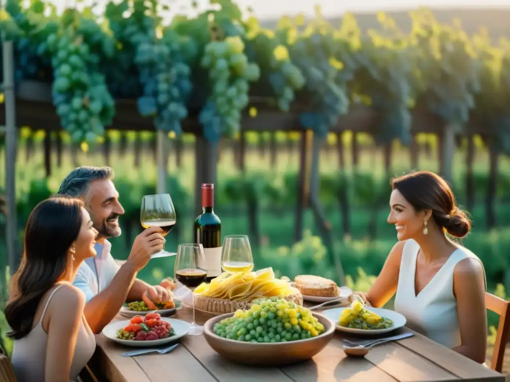 Una familia italiana disfruta de una comida tradicional en un viñedo, bajo el sol mediterráneo