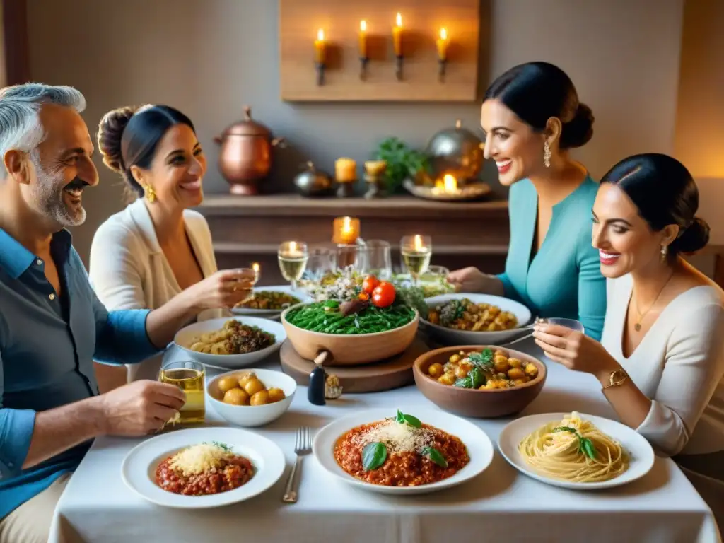 Una familia italiana disfruta de una comida tradicional rodeada de pasta, pizza y vino