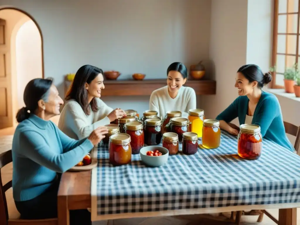 Una familia italiana disfruta de conservas caseras en una cocina acogedora y soleada, mostrando los beneficios salud fermentación conservas italianas