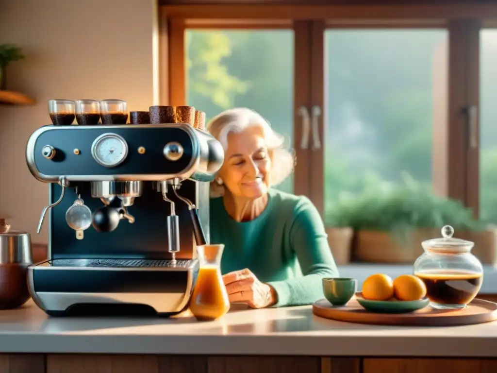 Una familia italiana prepara espresso en su acogedora cocina, con aroma a café recién hecho