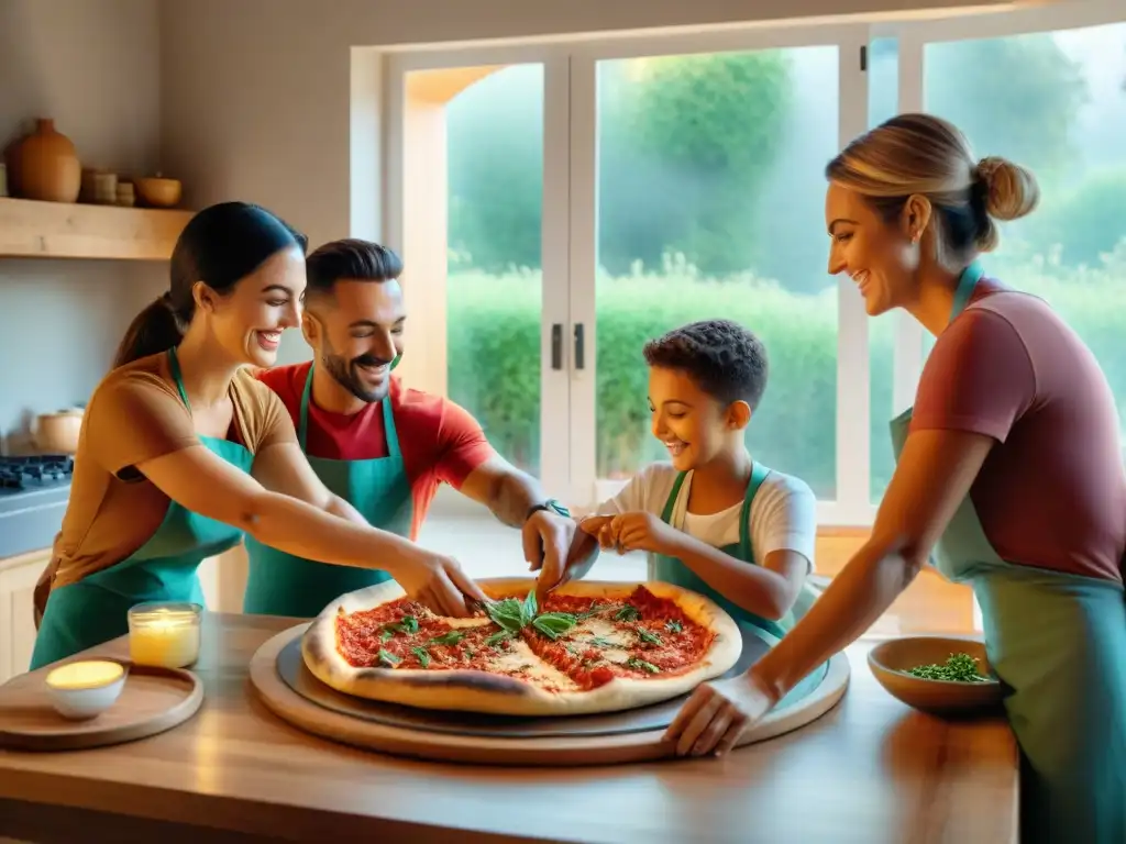 Familia italiana feliz preparando pizza casera juntos