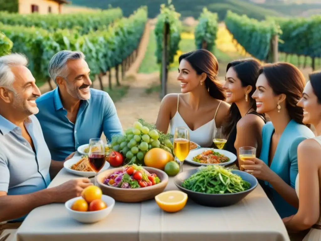 Una familia italiana disfruta de una mesa llena de platos mediterráneos en la campiña