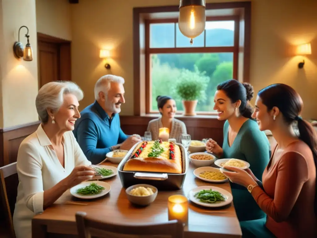 Una familia italiana disfruta de una mesa repleta de platos tradicionales en una escena festiva con música de acordeón